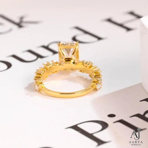 Gold Plated <b>Silver</b> Moissanite Emerald Cut Halo Wedding <b>Band</b> <b>Ring</b> for Women-Anniversary Gift - Product Image 6