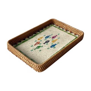 Ensemble de plateaux en rotin faits à la main avec incrustation de nacre naturelle – Plateau de service de luxe pour la maison et les cadeaux festifs - Product Image 3