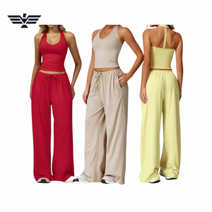 Ensemble de yoga 2 pièces uni pour femme, haut court dos nu à col en V et pantalon large taille haute, respirant, en Spandex et Polyester, avec cordon de serrage - Product Image 1