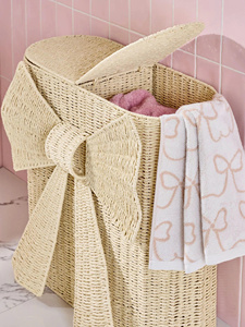 Panier de rangement décoratif en jonc de mer avec nœud, panier à linge tressé avec couvercle pour chambre d'enfant, organisateur de maison - Product Image 2