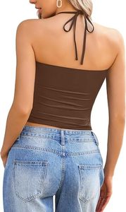 Top Corto de Mujer con Cuello Halter, Color Marrón Sólido, Informal, Transpirable, de Spandex y Poliéster, Tejido, para Uso Diario, Primavera Verano - Product Image 4