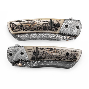 Couteau pliant professionnel en acier Damas - Utilisation pour la chasse et le camping - Qualité industrielle - Longueur totale de 19 cm - Gravure au laser - OEM - Product Image 5