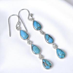 Pendientes Largos de Plata de Ley 925 con Turquesa Azul Cobre Hechos a Mano, con Forma de Pera y Piedras Preciosas, para Mujer - Product Image 3