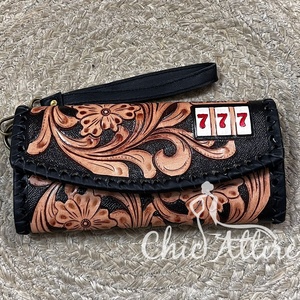 New Premium Tooled Leather Clutch Wallet Western Style Black Floral & 777 Decoration Handcrafted <b>Wristlet</b> Ladies Cowhide Purse - Product Image 1
