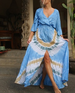 Hippy Boho diseñador mujer 1 pieza escote redondo rayón Tie Dye vestido largo ligero suave tela transpirable - Product Image 1
