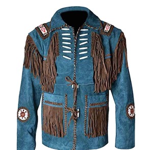 Chaqueta de Cuero de Gamuza Vintage para Hombre con Detalles de Cuentas Trenzadas Estilo Vaquero Occidental - Product Image 1