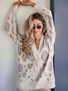 Cardigan ample en jacquard uni 100 % coton pour femme, col en V, boutonné, longueur standard, manches longues, tricoté sur mesure - Product Image 5