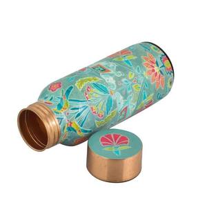 Botella de Cobre Puro con Estampado Floral de Pájaros en Azul Turquesa, Ecológica, Ayurvédica, para la Salud, Venta al Por Mayor - Product Image 2