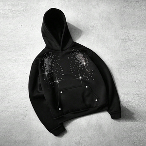 Unisex Bomber <b>Jacket</b> 100% Cotton Fleece Anti-Pilling Acid Wash Sequins Glitter Print Zipper-Up Winter Casual Black - Product Image 1