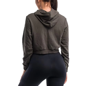 Women's <b>Black</b> Cropped Hoodie Long Sleeve Solid Color Knitted Sweatshirt With Pockets Autumn Wear - Product Image 6