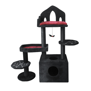 Arbre à chat moderne noir et rouge pour chats d'intérieur avec jouet interactif à gratter en sisal, emballé en carton pour plusieurs chats - Product Image 1
