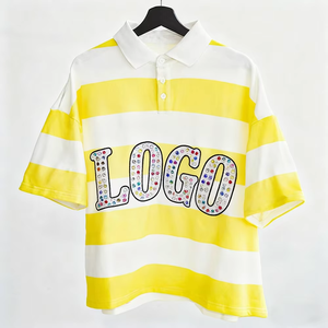 เสื้อยืดคอตตอนเนื้อหนา ทรงบ็อกซี่ ใส่ได้ทั้งชายและหญิง  โลโก้ประดับเพชรแบบกำหนดเอง เสื้อโปโลแขนสั้นลายทางสีตัดต่อสำหรับผู้ชาย - Product Image 3