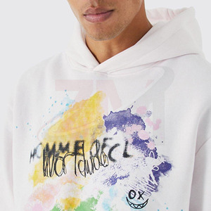 Front Print Men's <b>White</b> Hooded <b>Tracksuit</b> Set With Back Hand-Painted Logo Full Sleeve Regular Fit Casual Autumn Wear 100% Cotton - Product Image 5