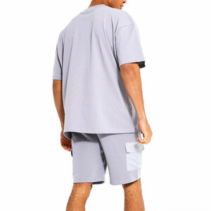 Men's Light Gray Casual Summer Two-Piece <b>Set</b> Knitted 100% Cotton Breathable Eco-Friendly Seamless Fusing Solid Pocket Design - Product Image 6