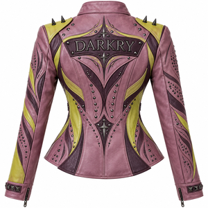 Chaqueta de cuero para mujer, morado malva y verde lima, estilo motero, con estampado gráfico y tachuelas, estilo punk, ropa exterior, proveedor y fabricante de pedidos personalizados - Product Image 2