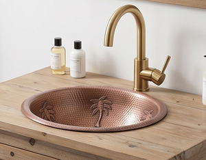 Évier en cuivre fait main, rond, à cuve unique, design palmier tropical, finition mate, installation sur plan. - Product Image 3