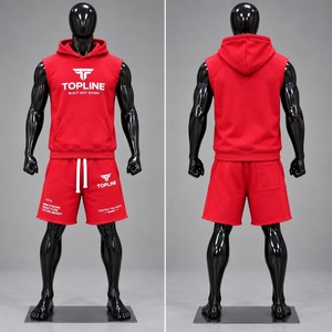 Conjunto de Sudadera sin Mangas con Capucha y Pantalones Cortos para Hombre, Personalizado, de Algodón Rojo, Informal, Transpirable, de Verano - Product Image 3