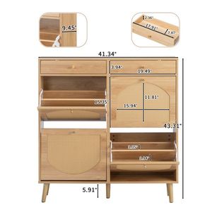 Meuble à chaussures en rotin avec 2 tiroirs et 4 compartiments rabattables 105*24*110cm en panneau de particules couleur bois naturel pour organiser votre entrée - Product Image 4