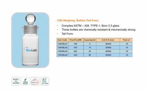 Frasco cilíndrico de pesaje de vidrio borosilicato 3.3 BIOLAB, transparente, para laboratorio, de forma alta, con tapón, cumple con ASTM 438 - Product Image 2