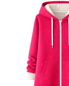 Sudadera larga con cremallera, color rosa intenso, abrigo con capucha de lana para mujer, ropa exterior informal de gran tamaño con bolsillos, OEM personalizado - Product Image 4