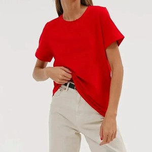 Camiseta de Algodón Rojo para Mujer, 100% Algodón, Cuello Redondo, Manga Corta, Corte Holgado, Informal, para Primavera/Verano, Fabricación Personalizada OEM/ODM - Product Image 1