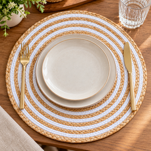 Set de table rond en jute tressé, motif spirale, beige naturel et blanc, style bohème, décoration de table pour la maison - Product Image 3