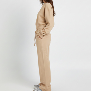 High Quality 100% Cotton French Terry Solid Color Sweatsuit For Women Casual Wear Breathable Crew Neck Sweatshirt & Jogger <b>Set</b> - Product Image 5