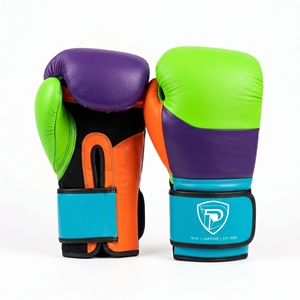Gants de boxe en cuir Dumela International 16 oz, violet, vert, orange, bleu, équipement d'entraînement professionnel, design avec logo - Product Image 1