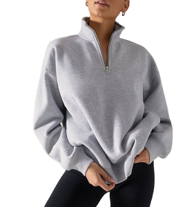 <b>Women's</b> Oversized Hooded <b>Quarter</b> <b>Zip</b> Knitted <b>Sweatshirt</b> Solid Gray Regular Fit Breathable Eco-Friendly Winter Front Logo - Product Image 1