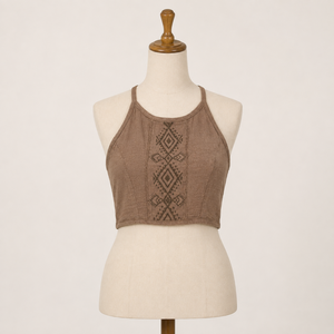Crop top brodé |   Haut sans manches en coton style bohème à col halter pour femme – Idéal pour l'été, les festivals, la plage, les vacances, ou comme haut décontracté tendance hippie - Product Image 1
