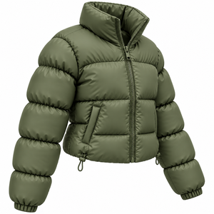 Women's Olive Green Quilted Puffer <b>Jacket</b> Stand Collar Full <b>Sleeve</b> <b>Short</b> Winter Coat Polyester Wadding Zipper Closure - Product Image 3