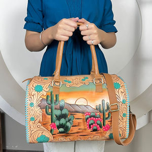 Super September Tooled Leather <b>Handbag</b> 3 piece Matching Combo Collection New cactus sunset Print Women <b>Travel</b> Luggage Set - Product Image 2