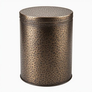 Cylindrical Metal Storage Bucket With Lid Hammered Bronze Finish Indoor Household Use Classic Style - Product Image 1