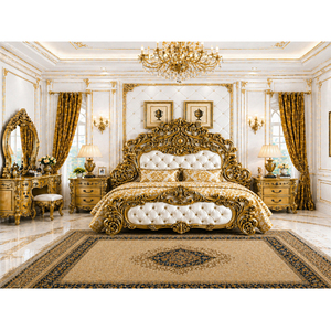 Ultra-Luxury Hand-Carved Gold Finish Palace Bedroom Set High-<b>End</b> Royal King Size <b>Bed</b> Set Premium Teak Wood Bedroom Furniture - Product Image 1