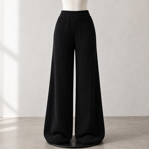 Women High Waist Wide Leg <b>Pants</b> Knitted Elastic Waist Solid Black Full Length Loose Fit Casual <b>Pants</b> With Pockets - Product Image 4