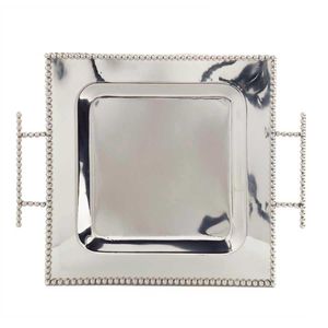 Bandeja de Servir Cuadrada Decorativa Moderna con Acabado Metálico Pulido, Bordes con Cuentas, Asas, Uso Residencial, Apta para Lavavajillas, Diseño Sólido - Product Image 1