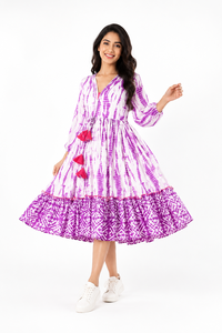 Robe en coton tie-dye bohème pour femme, élégante, col en V, manches élastiques, coupe fluide, ourlet à volants, robe midi décontractée pour l'été et les occasions festives - Product Image 1