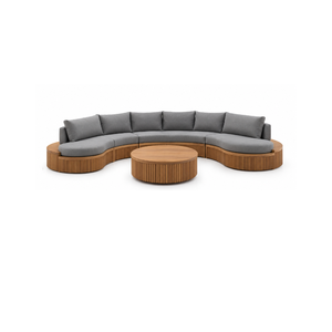 Solid Teak Wood Curved Outdoor Sofa Set with Gray Cushions and <b>Round</b> Coffee <b>Table</b> for <b>Patio</b> Garden Poolside Hotel Resort - Product Image 2