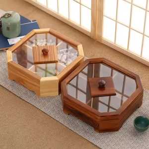 Octagon Wooden Dry Fruit <b>Box</b> with <b>Clear</b> Glass Lid 7 Compartment Nut Serving Tray Handcrafted Wood Snack Storage Case Luxury - Product Image 2