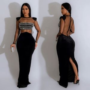 Black Velvet Sheath Evening Gown With Rhinestone Detailing And Sheer Cut-Out <b>Top</b> Floor-Length Dress - Product Image 2