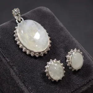 925 Sterling Silver Rainbow Moonstone Jewelry Set Pendant Earrings Oval Gemstone Bezel Setting Women's Classic Everyday Wear - Product Image 3