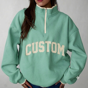 Sweat-shirt oversize pour femme, vert menthe, brodé, personnalisé, avec col montant et fermeture éclair quart, en molleton à manches longues, pour usage décontracté - Product Image 1