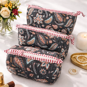 Dark Blue Floral Block Printed Eco-Friendly Durable Cotton Zipper <b>Makeup</b> <b>Case</b> Indian Travel Cosmetic Organizer Kit - Product Image 1