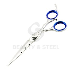 Professional Stainless Steel Hair Cutting Scissors with Scalloped Blade and Blue Sparkle Finger <b>Ring</b> Inserts - Product Image 1