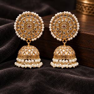 Pendientes Jhumka Redondos Chapados en Oro Estilo Kundan con Perlas de Imitación, Joyería Tradicional Pakistaní para Bodas, Venta al por Mayor de Fábrica - Product Image 5