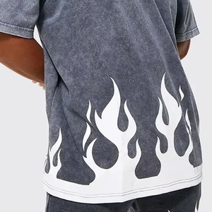 Men's Oversized Acid Wash T-<b>Shirt</b> With <b>Flame</b> Print Short Sleeve O-Neck Street Style Cotton Jersey Tee - Product Image 5