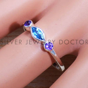 Anillos Pequeños de Plata de Ley 925 con Topacio Azul Natural y Amatista, Anillo con Tres Gemas Facetadas, Precio al por Mayor, Anillos y Joyería - Product Image 2