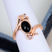 Bague de fiançailles vintage en onyx noir serti clos, en argent sterling 925 massif, avec pierre précieuse ovale et motif feuille de vigne plaqué or rose