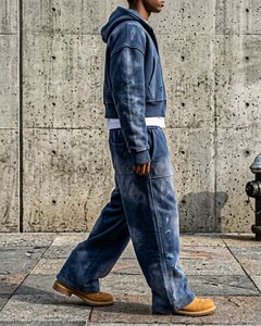 Ensemble jogging et sweat à capuche tendance pour homme, 100 % coton, délavé à l'acide, coupe oversize, effet vieilli, fermeture éclair, style streetwear - Product Image 3