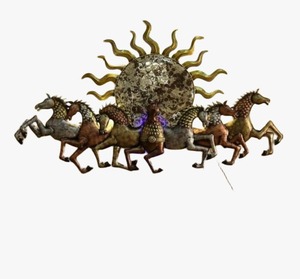 Décoration murale artisanale vintage en alliage de magnésium multicolore, 7 chevaux galopants et soleil éclatant, LED jaune, écologique et tendance pour la maison - Product Image 1
